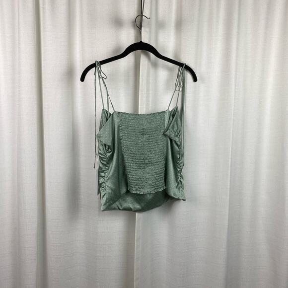 Reformation Lucrezia Teal Green Smocked Polka Dot Silk Charmeuse Top Sz.12 NWT - Picture 11 of 16